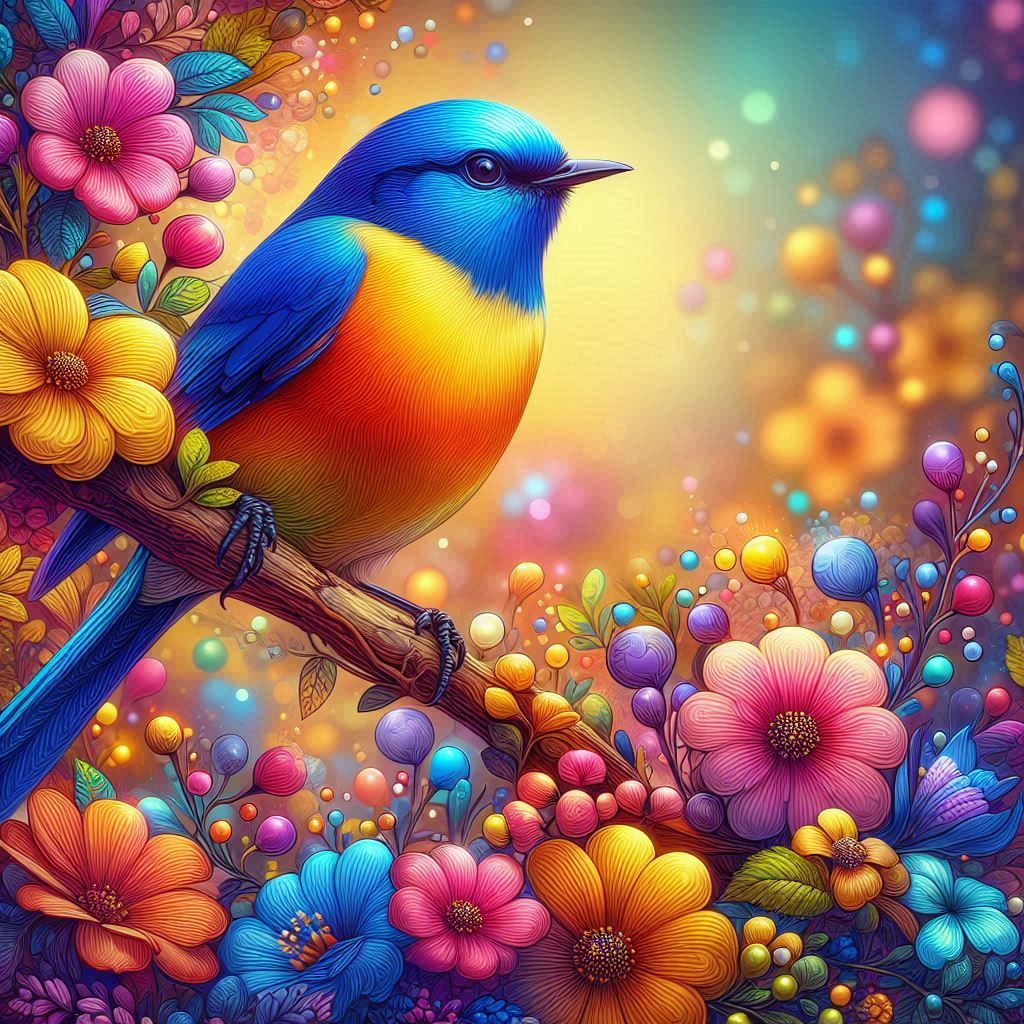 Jewel-Toned Nature: A Colorful Bird Perched on a Flowering Branch  by @Artless