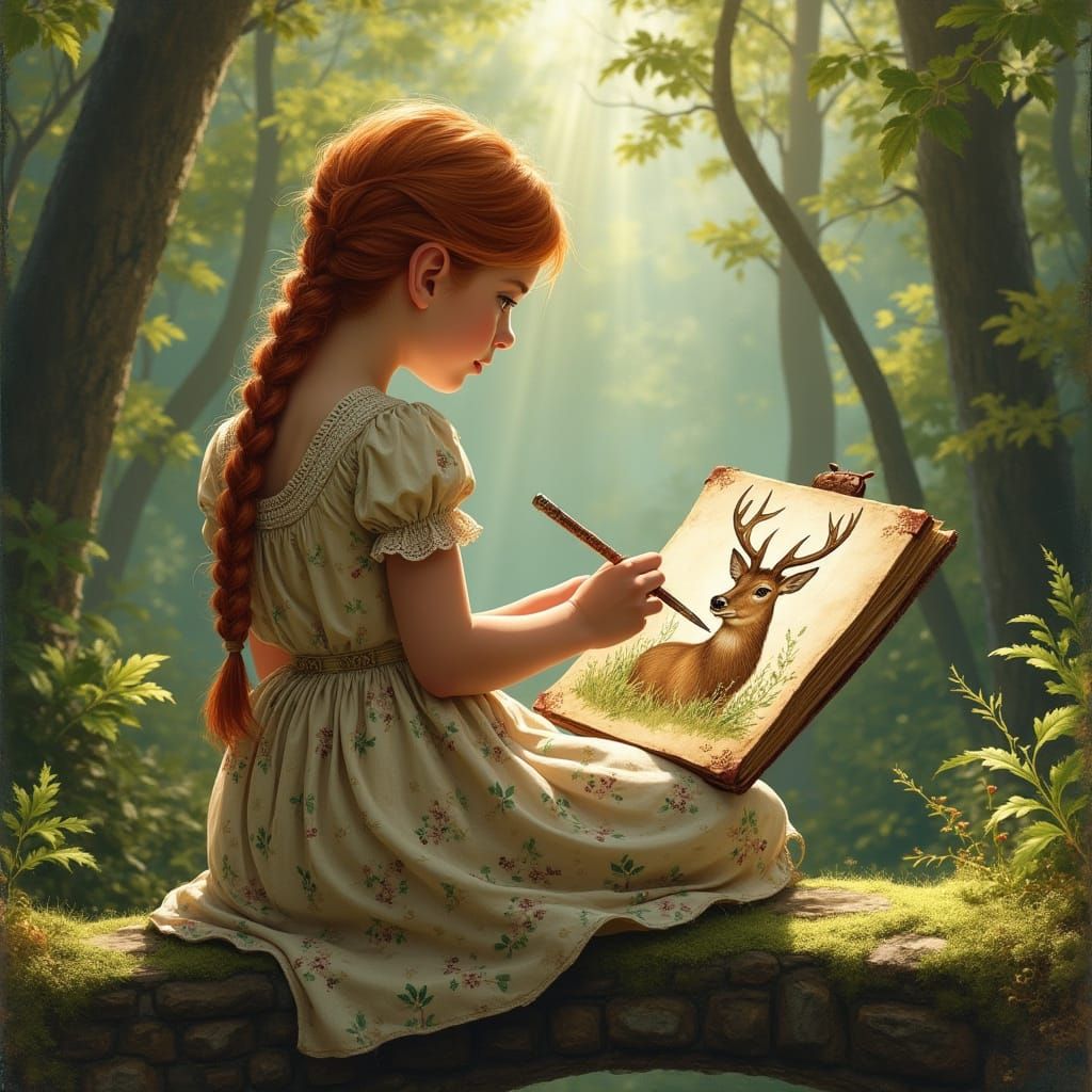 Girl Painting Stag Portrait in Forest, Rockwell Style