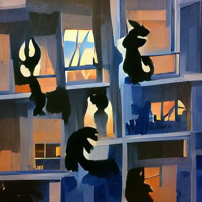 "cats in windows highrise silhouette" gouache