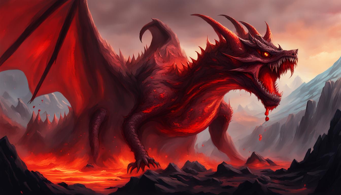 red wyvern with giant fangs with blood dripping down atop a mountain ...