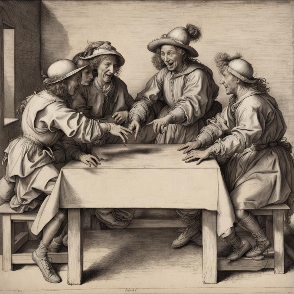 4 excited players jumping up around a table