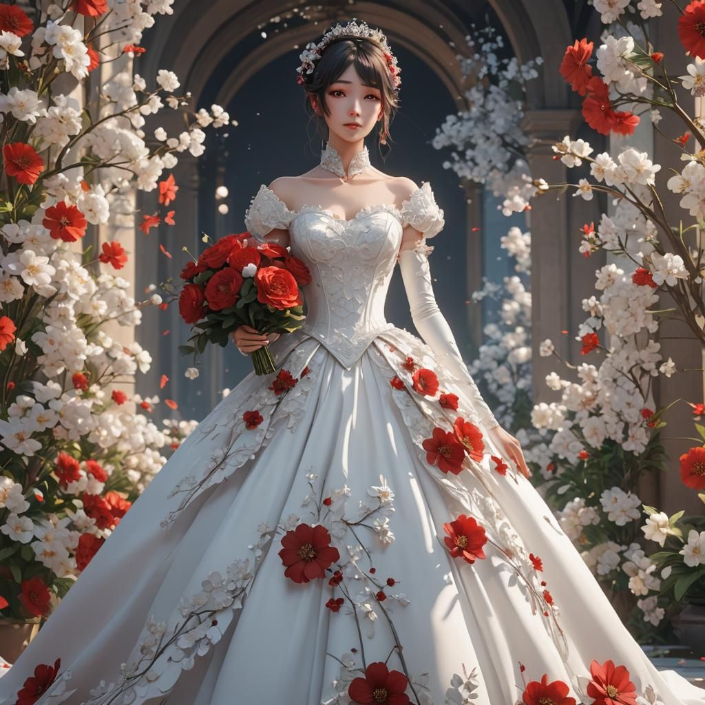Anime Style Ball Gown with Red Flowers