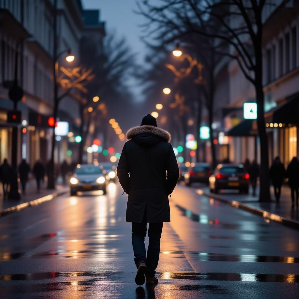Steampunk Man in Long Coat on Rainy Street