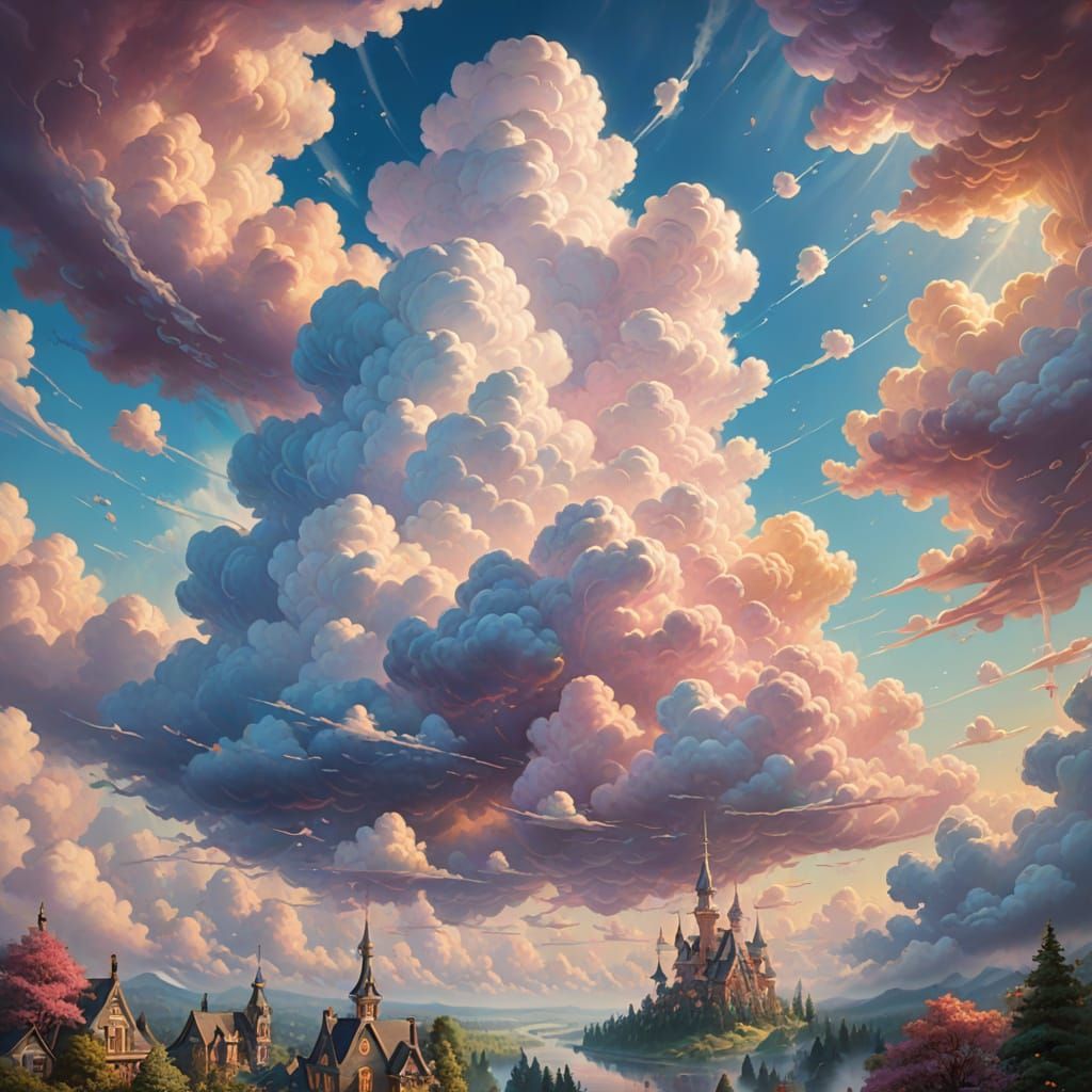 Cloud Sculpting Championship" — artists sculpting shapes out of fluffy clouds in the sky, vibrant colors and whimsical forms, with spectator...