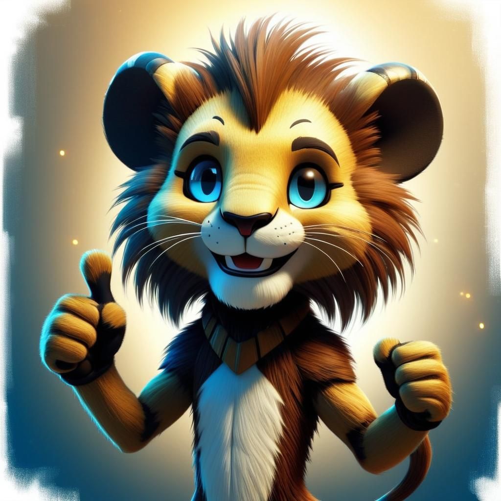 Stylized cartoon lion-rodent hybrid with expressive blue eyes, warm brown fur, and a wide, friendly smile, posing with a thumbs-up gesture,...