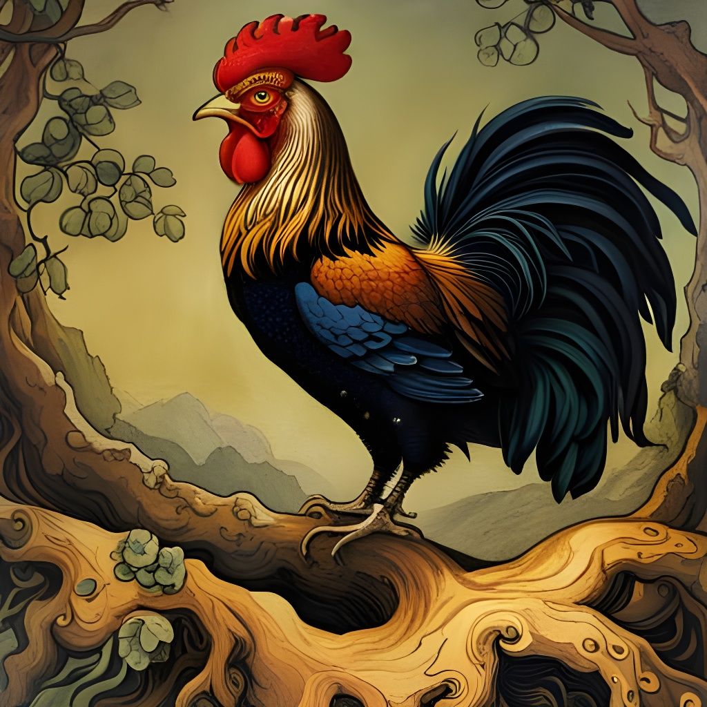 The Rooster Gullinkambi Perched in the Branches of Yggdrasil  by @Antinomy