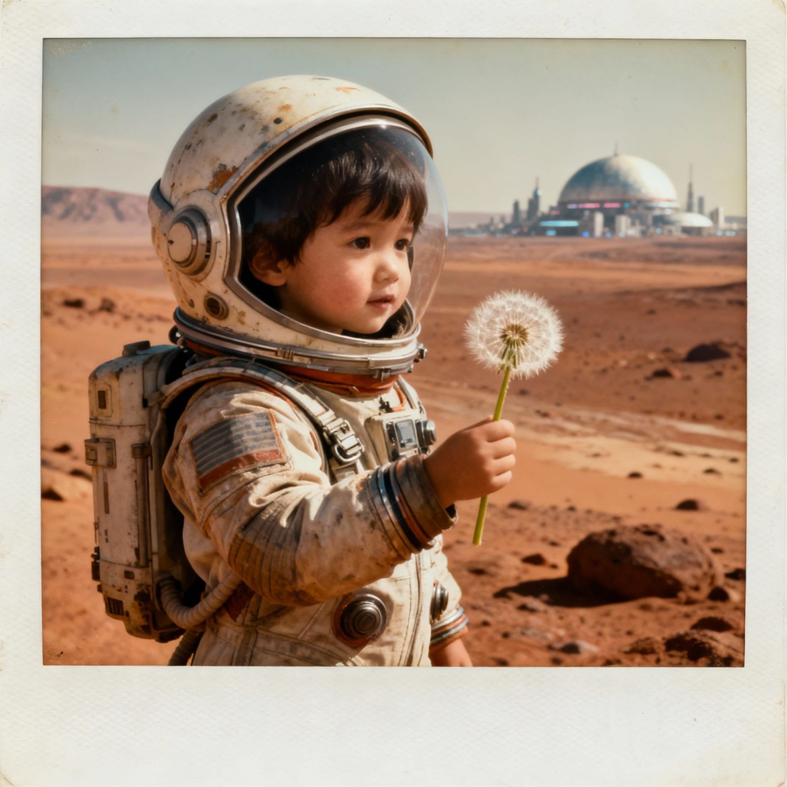 Seedream 4.0. A young child in a slightly retro, worn spacesuit holding a dandelion, standing on a terraformed ...  by @Ramzey