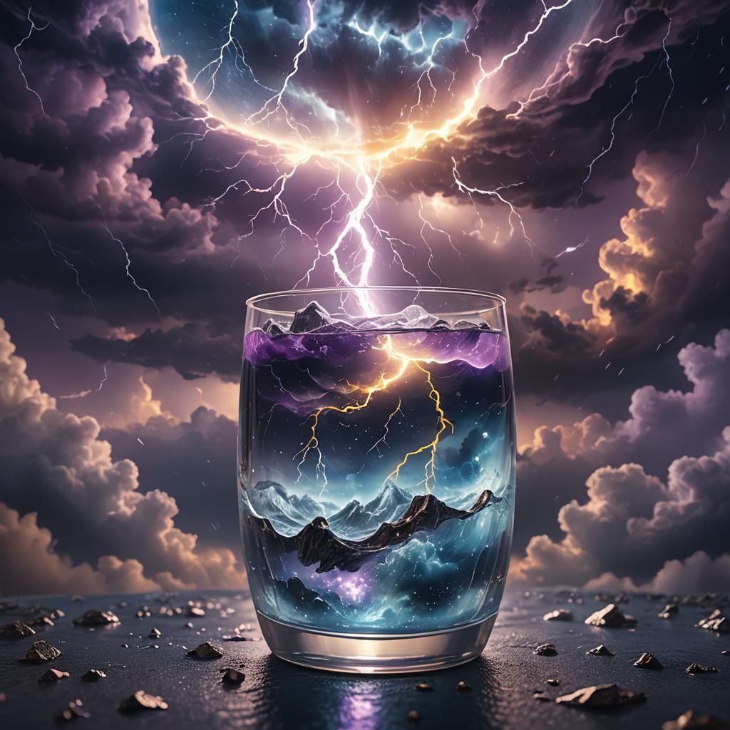 Glass of Water with Thunderstorm: Digital Painting