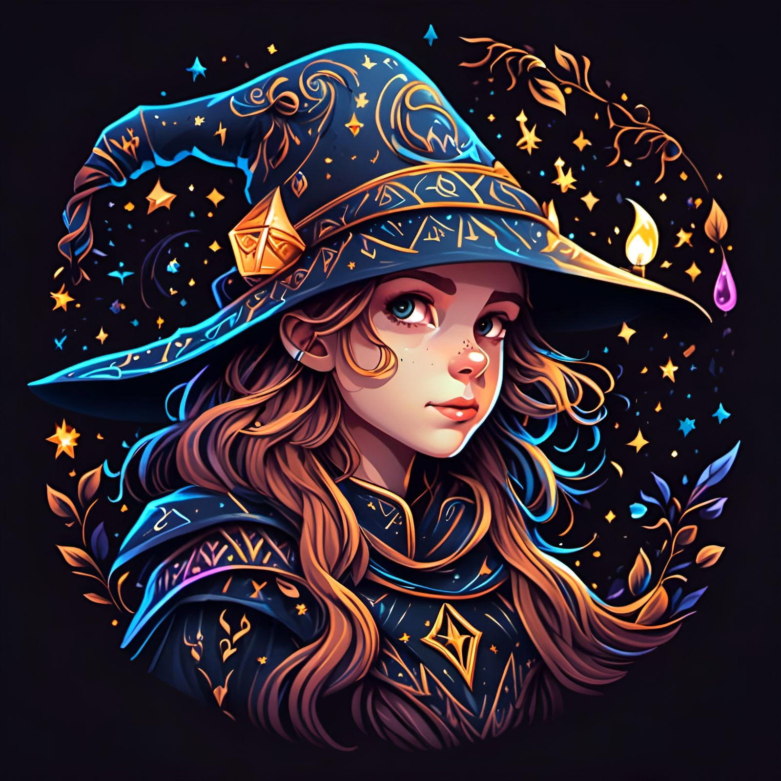 <lora:E Black 03:1.0> Portrait of a Charming Little Sorceress, linework ornament, patterns, completely black background, concept art 8K