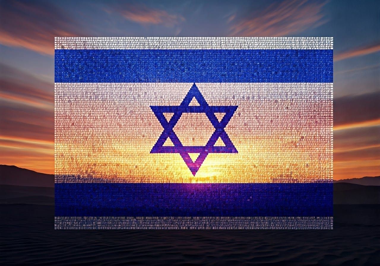 Stylized 3D Anime Flag of Israel with Soldier Silhouettes an...