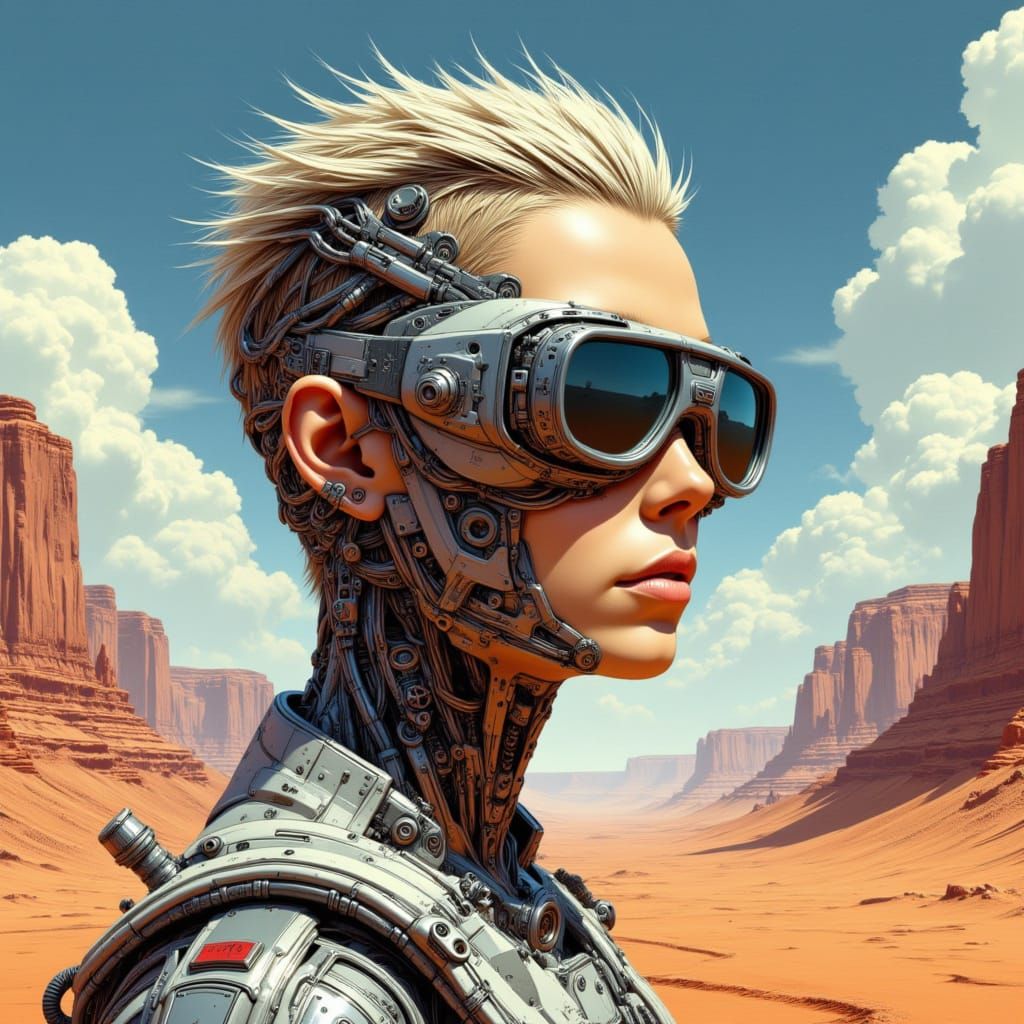 <lora:Studio Bebop:1.0> Prompt. Male Riddick soldier.goggles close up face made into a part metal. Short army hair close up face. cybernetic...