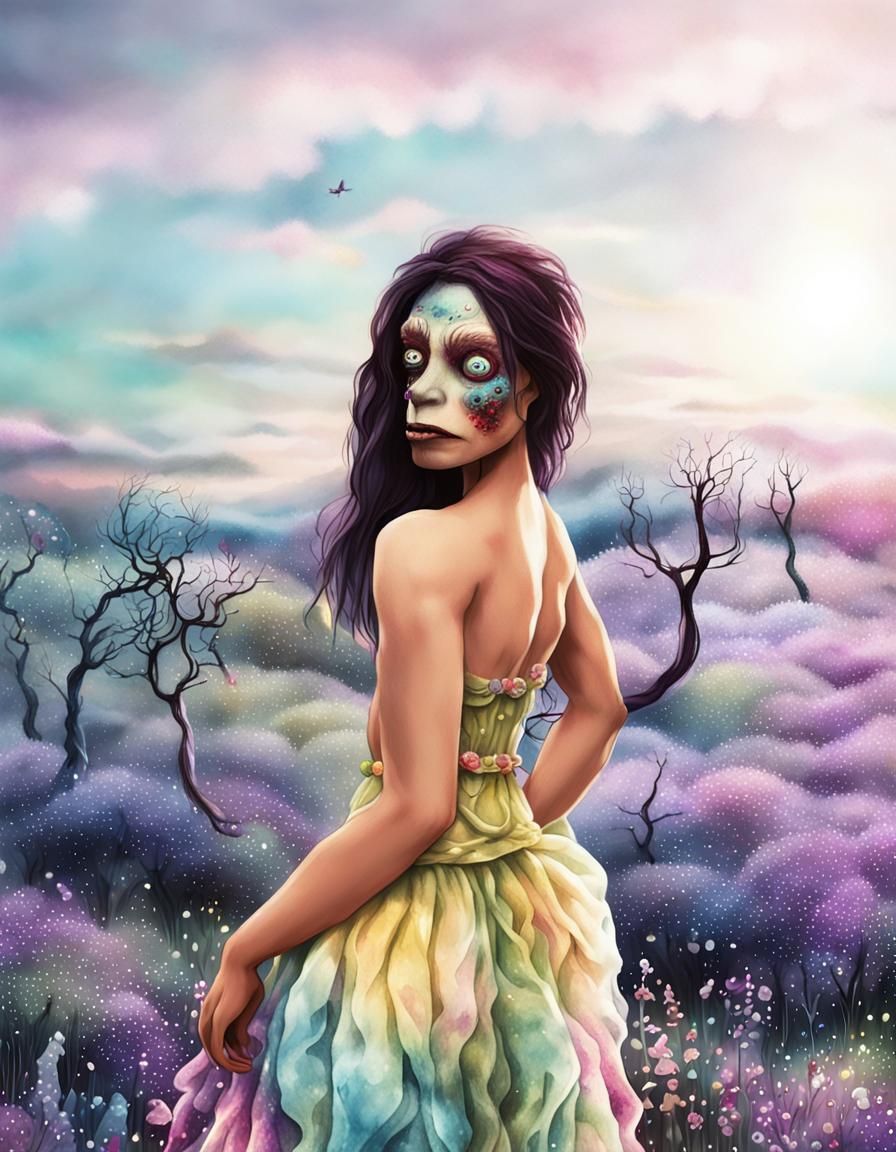 Trollwitch in Spring Meadow: Dark Fantasy Illustration