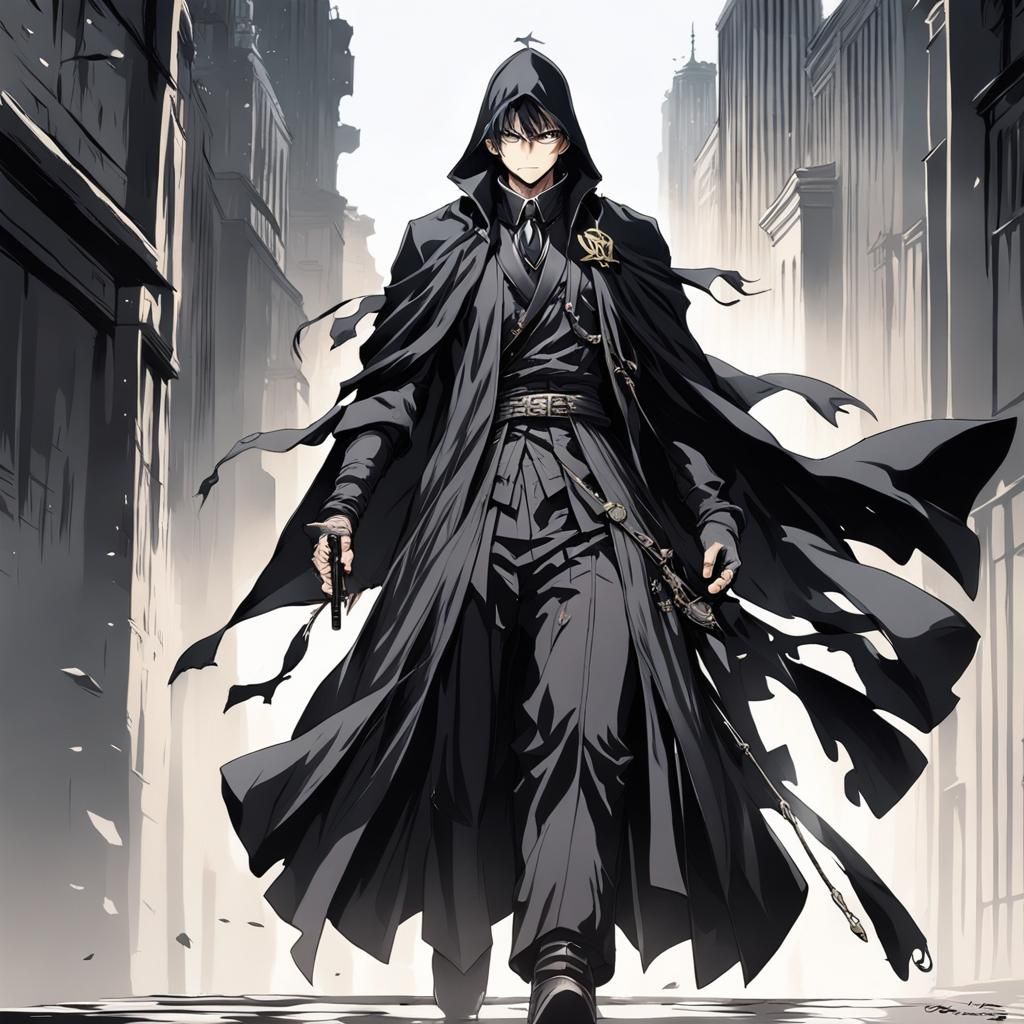 black cloak figure Tetsuya Nomura style