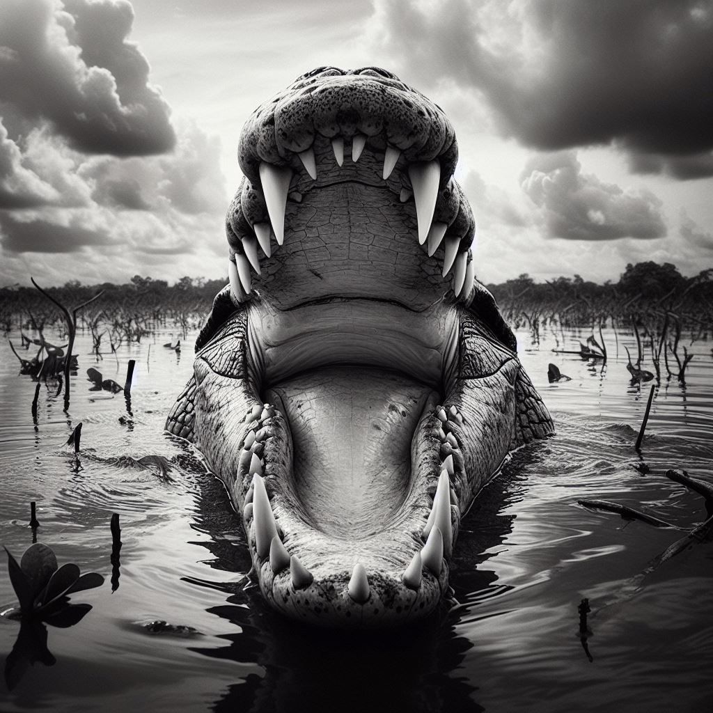 🐊 😲 🦷 🌊 ☁️ Crocodile b&w