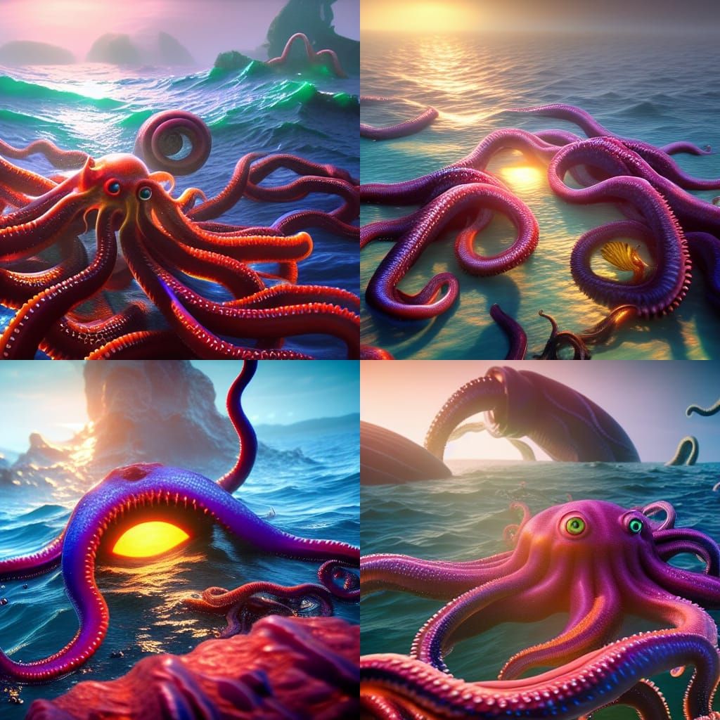 Hyper realistic eldritch ocean full of eldritch life with te...