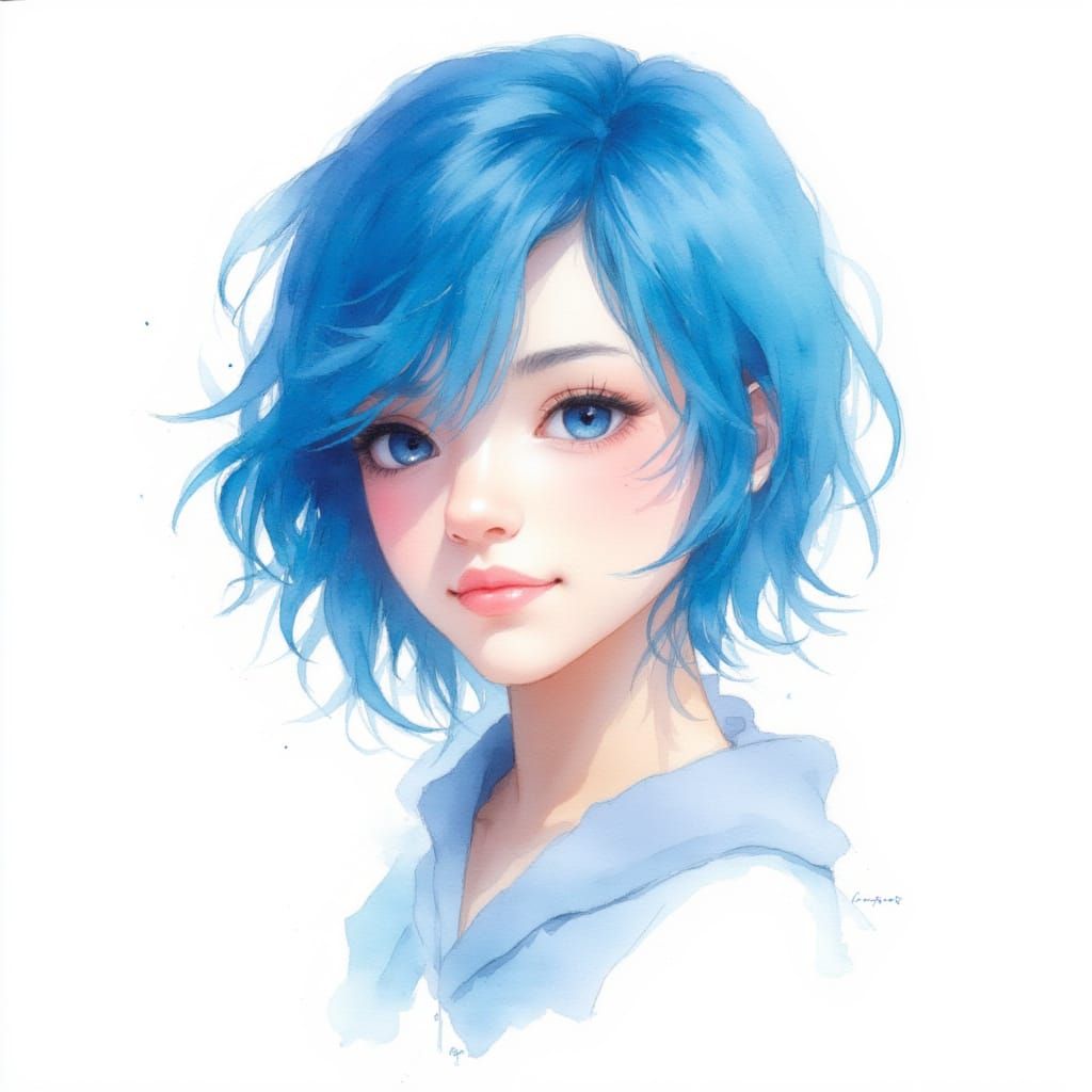 <lora:Watercolor on White:1.1>  Watercolor painting On White background, a beautiful portrait of an alt woman with blue hair, up to shoulder...