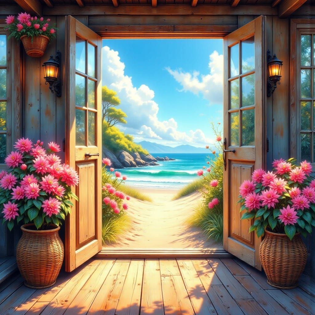 Coastal Landscape Through Open Doors in Impressionist Style