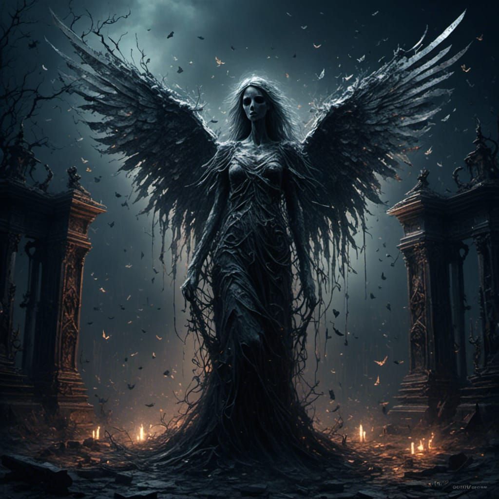 Angel of Death in a graveyard at night. <lora:Asian android:...