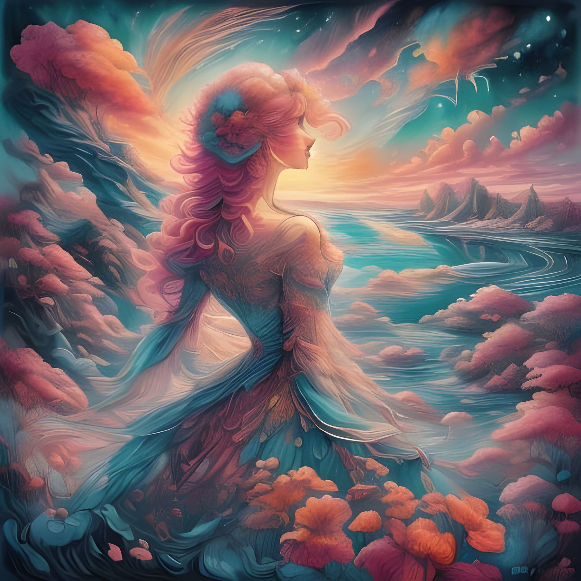 <lora:Nature Love:1.0> <lora:Neon Glow:1.0> <lora:Motion Aura SD15:1.0> <lora:Curls:1.0> A serene woman sits beside a quiet lake at dawn, he...