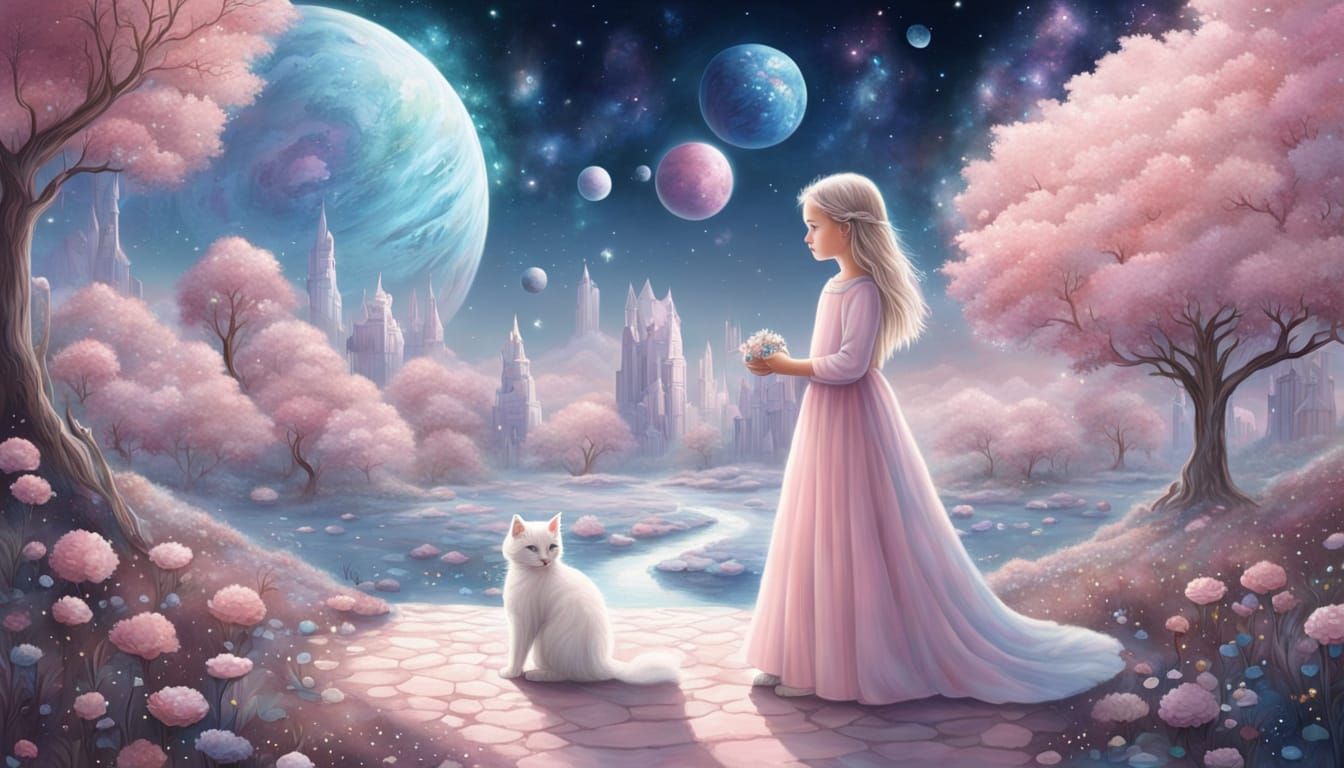 a lovely little girl wearing a long soft pink dress and her ethereal fluffy white cat. both have blue eyes.  crystal path in a crystal world...