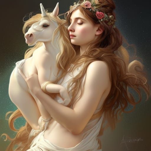 A portrait of a Goddess and her companion baby unicorn   by @Dorian
