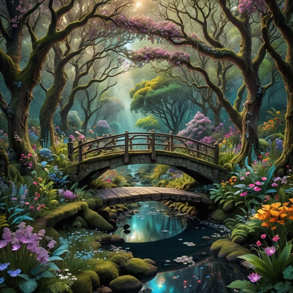 Mystical Iridescent Forest with Crystal Bridge