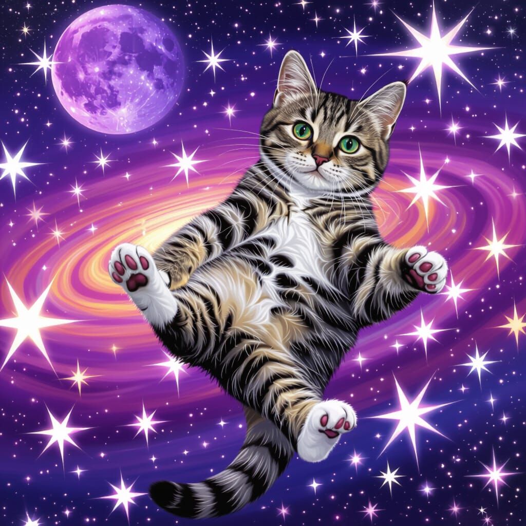 Cute gray tabby cat with a white tummy and white paws striking a silly pose in the cosmos, surrounded by sparkling stars and a purple moon. ...