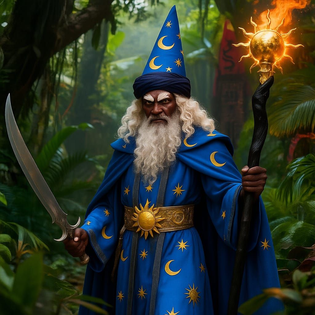  Alatar, a heroic sea-blue Istari from far Harad, wears a tall, pointy sea-blue cap adorned with gold crescent moons, suns, and stars, and a...