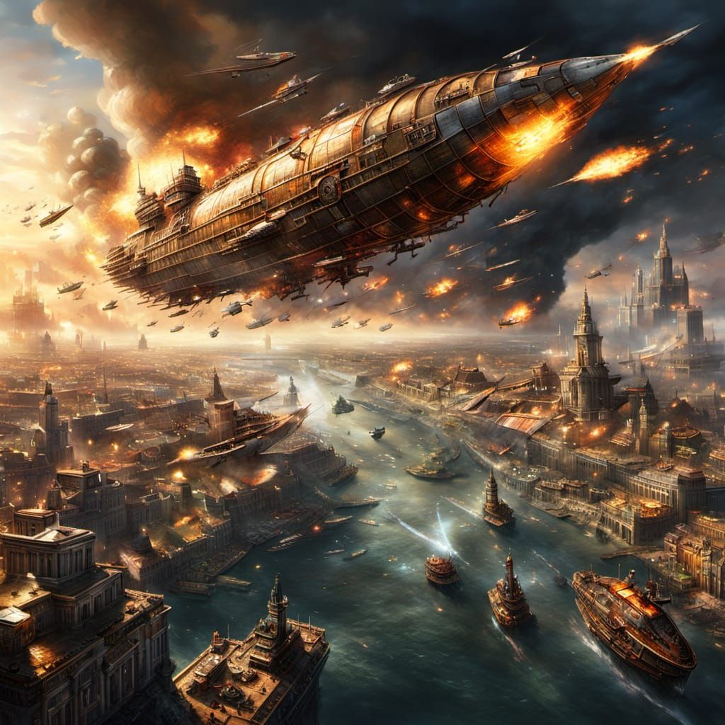 Epic sky battle of flying ships