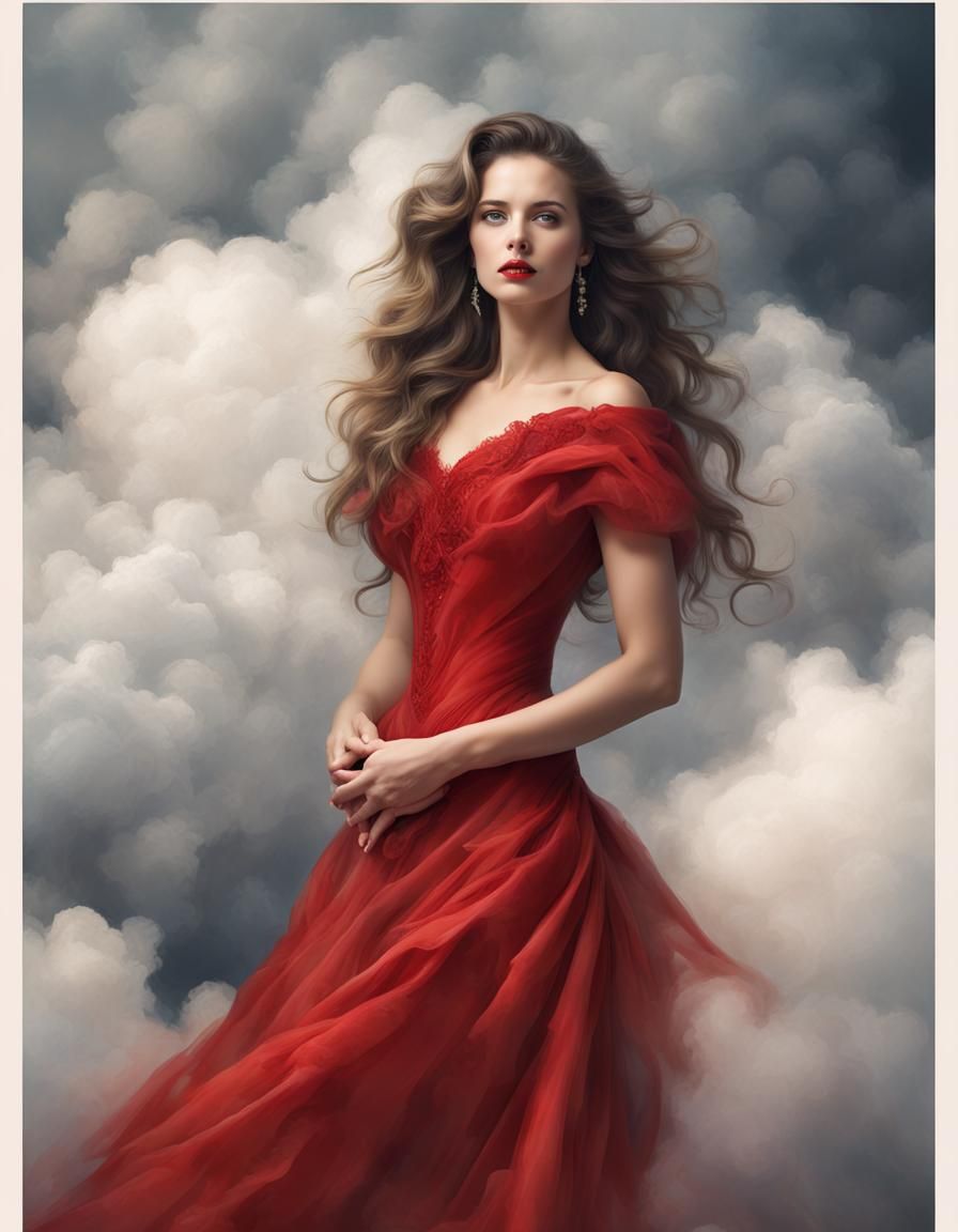 a beautiful woman, in the clouds, wearing a long red gown, hand on her chest,  beautiful and elegant - AI Generated Artwork - NightCafe Creator