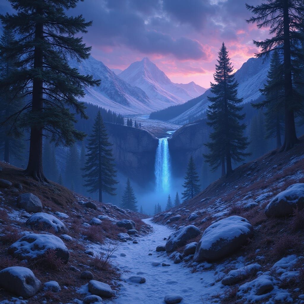 Vibrant colors of the fae-forest, conifer trees, rolling hills, night scene, iridescent lights in the sky above and the forest below, waterf...