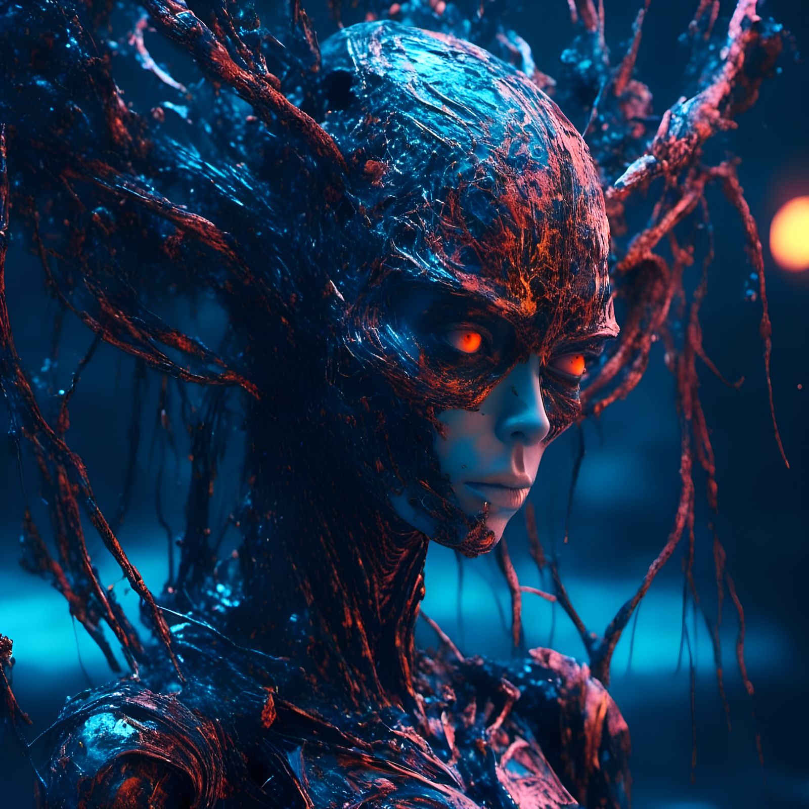 <lora:impact:1.0>  | extremely-ornate-alien-cyborg-with-textured-skin-wafting-through-neon-swamp | cosmic-BACKGROUND | 3D-anime | horror | c...