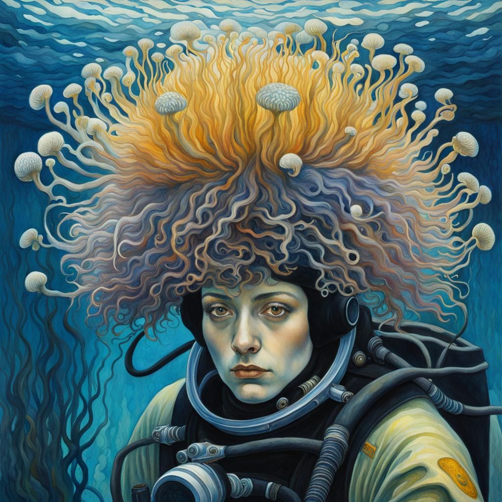 SCUBA DIVER WITH SEA ANEMONE HAIR  by @INTERCEDENCE
