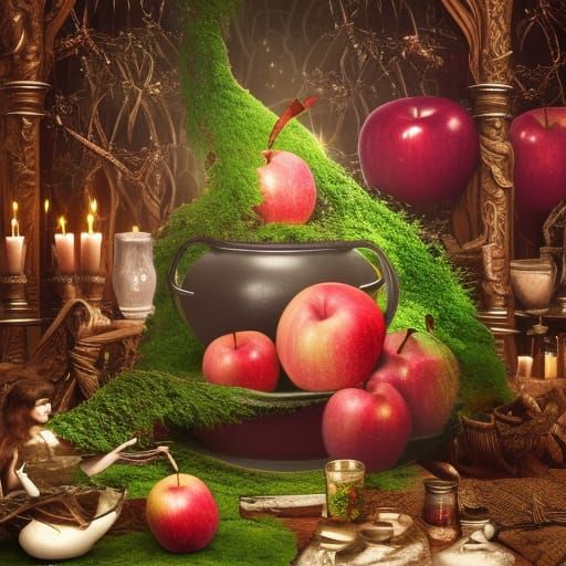 Magic potion cauldron witch sorcerer sparkles ivy red apples