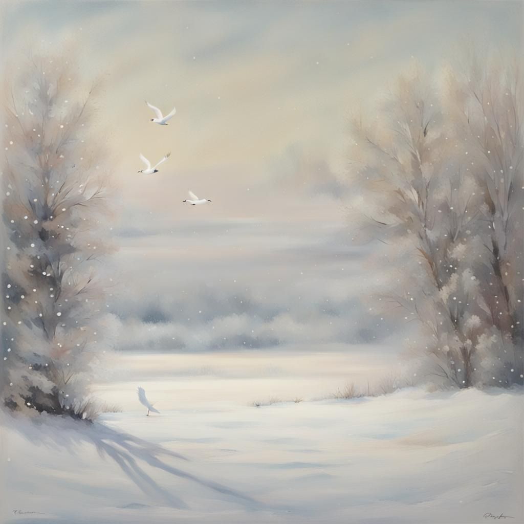 two white birds in the distance, snowy scene