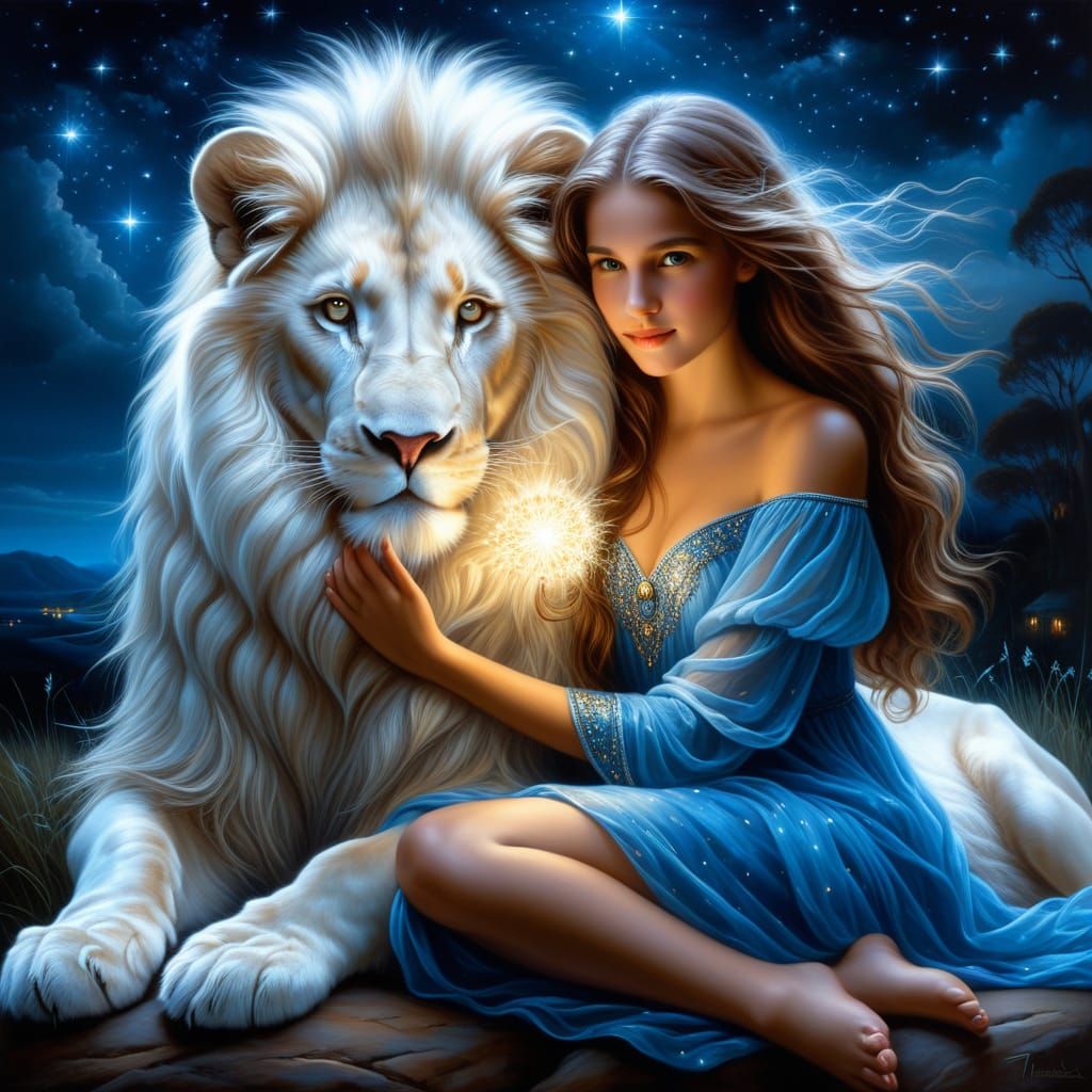 A beautiful young girl sitting, affectionately holding a big...