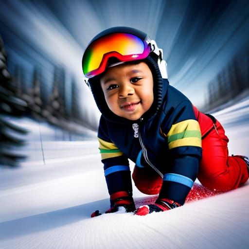 blackamerican infant baby boy snow skiing, dark skin, wearing colorful