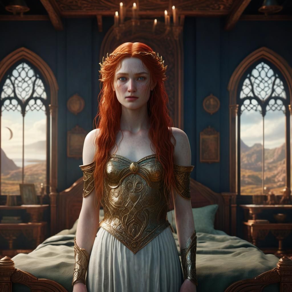 Unclad Aphrodite with pale skin as eowyn with red hair looki...