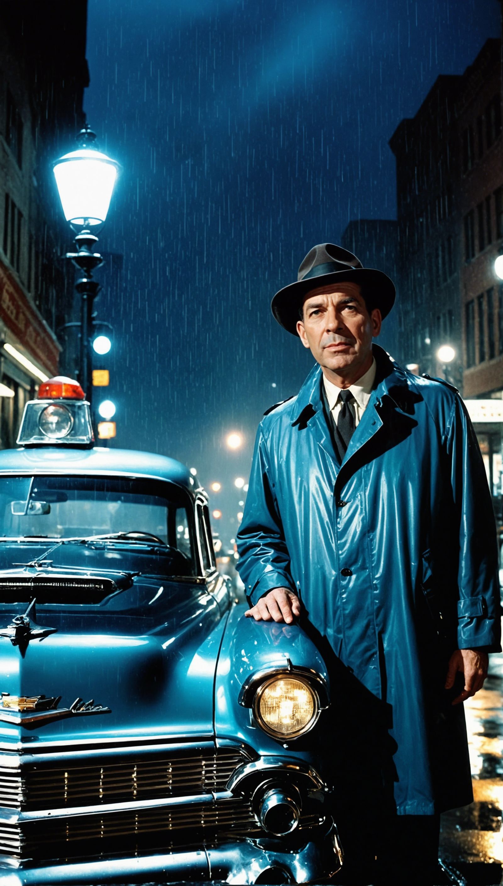 a 1950s private detective wearing a raincoat and hat in a ra...