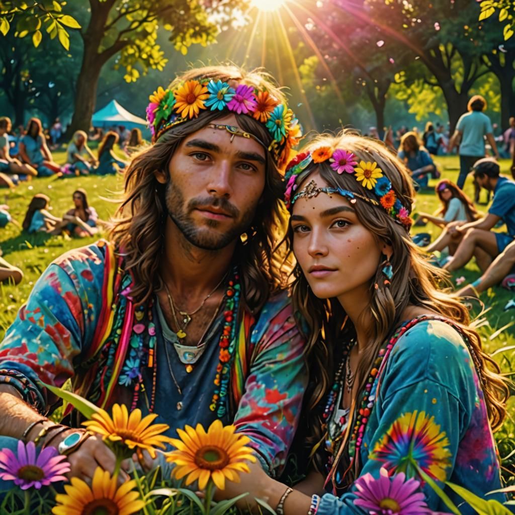lovers from the hippie movement on the grass inside a park  by @Kotori