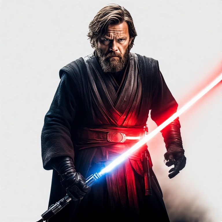 ANAKIN SKYWALKER AS A JEDI KNIGHT HOLDING A RED AND BLUE SAB...