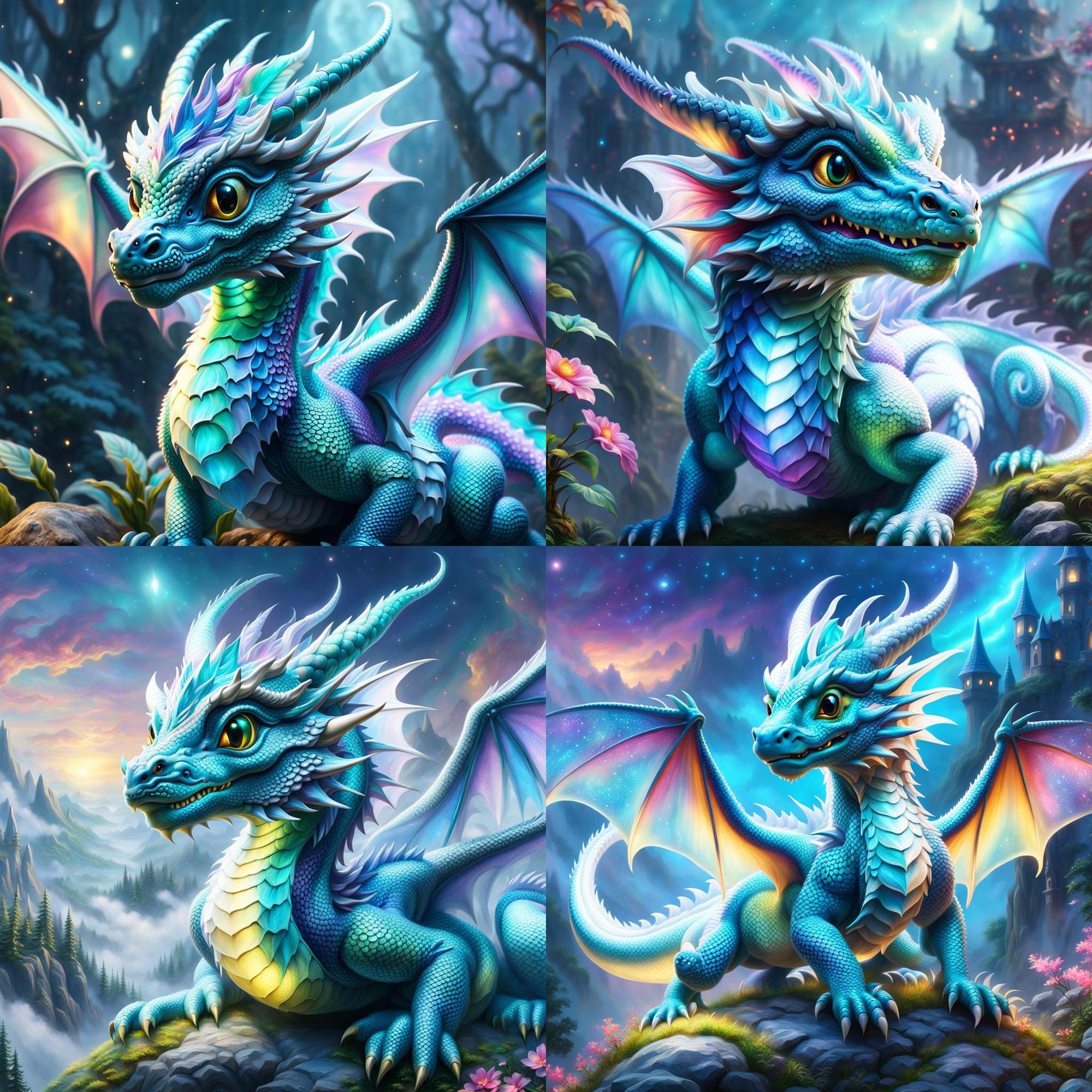 Baby celestial translucent dragon with a cute face and colourfull ...