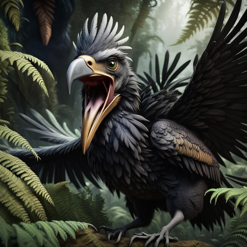 A menacing prehistoric bird with feathers, Open beak with te...