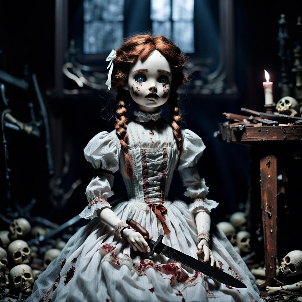 Cursed Objects, porcelain doll with a rusty knife  by @Angelika
