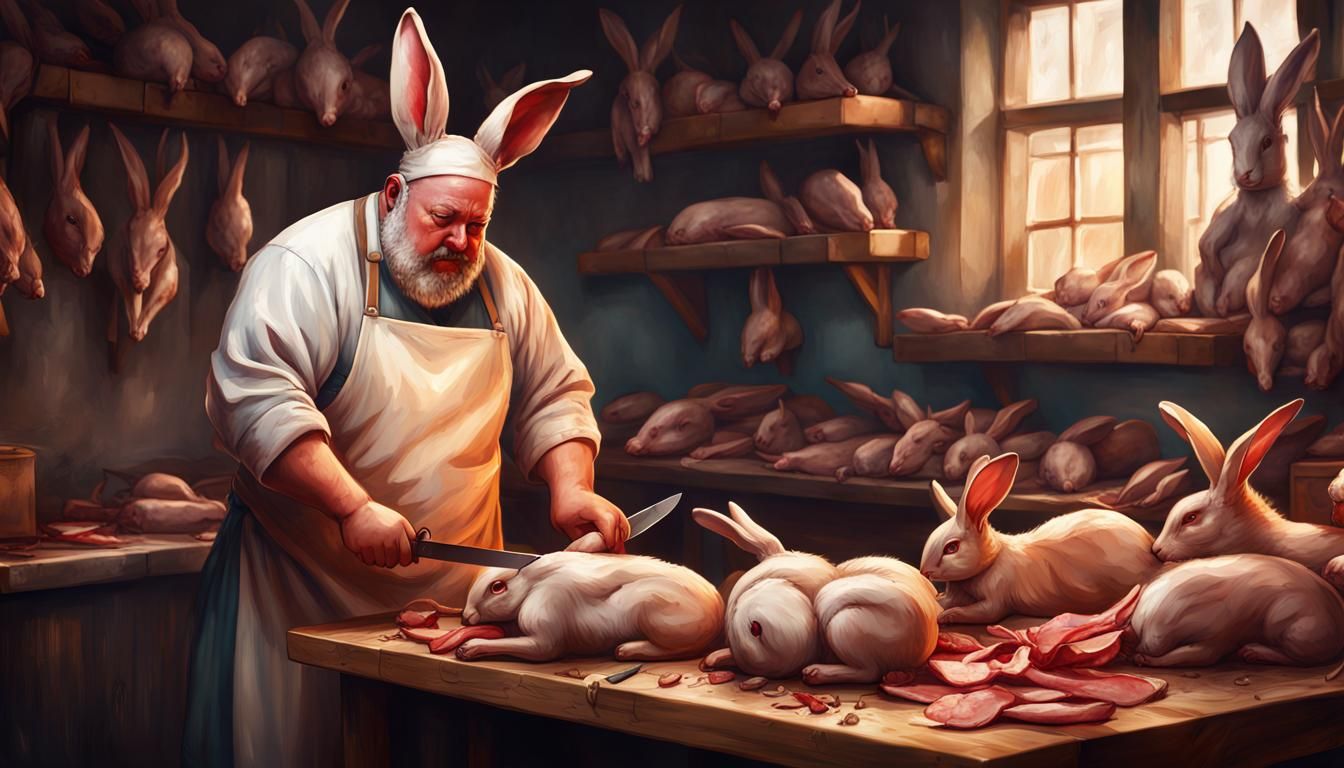 Medieval butcher cutting up and skinning rabbits.