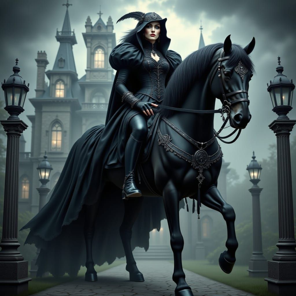 a reaper on a black horse <lora:Victorian Gothic:1.0> 