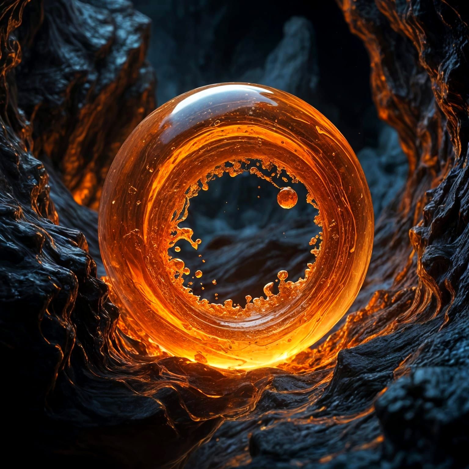 Honey Figure in Amber Droplet, Surreal Optical Art