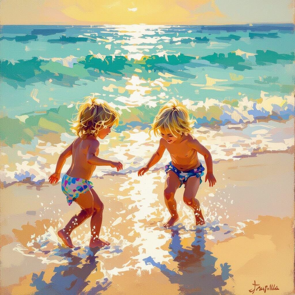 Joyful Children Playing on a Golden Hour Beach