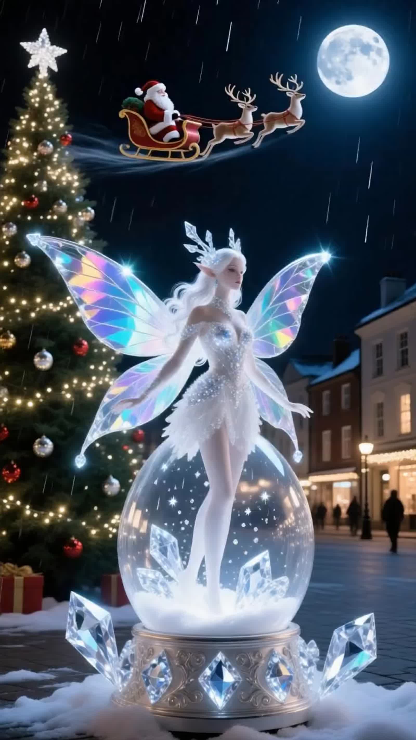 an image of an exquisite, lean, and lythe crystal fairy lights up the annual christmas tree at night in the center of th...