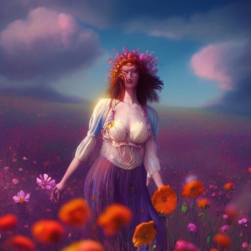 hippie woman in a field of flowers whimsical psychedelic colorful beautiful surreal interesting weird dreamlike